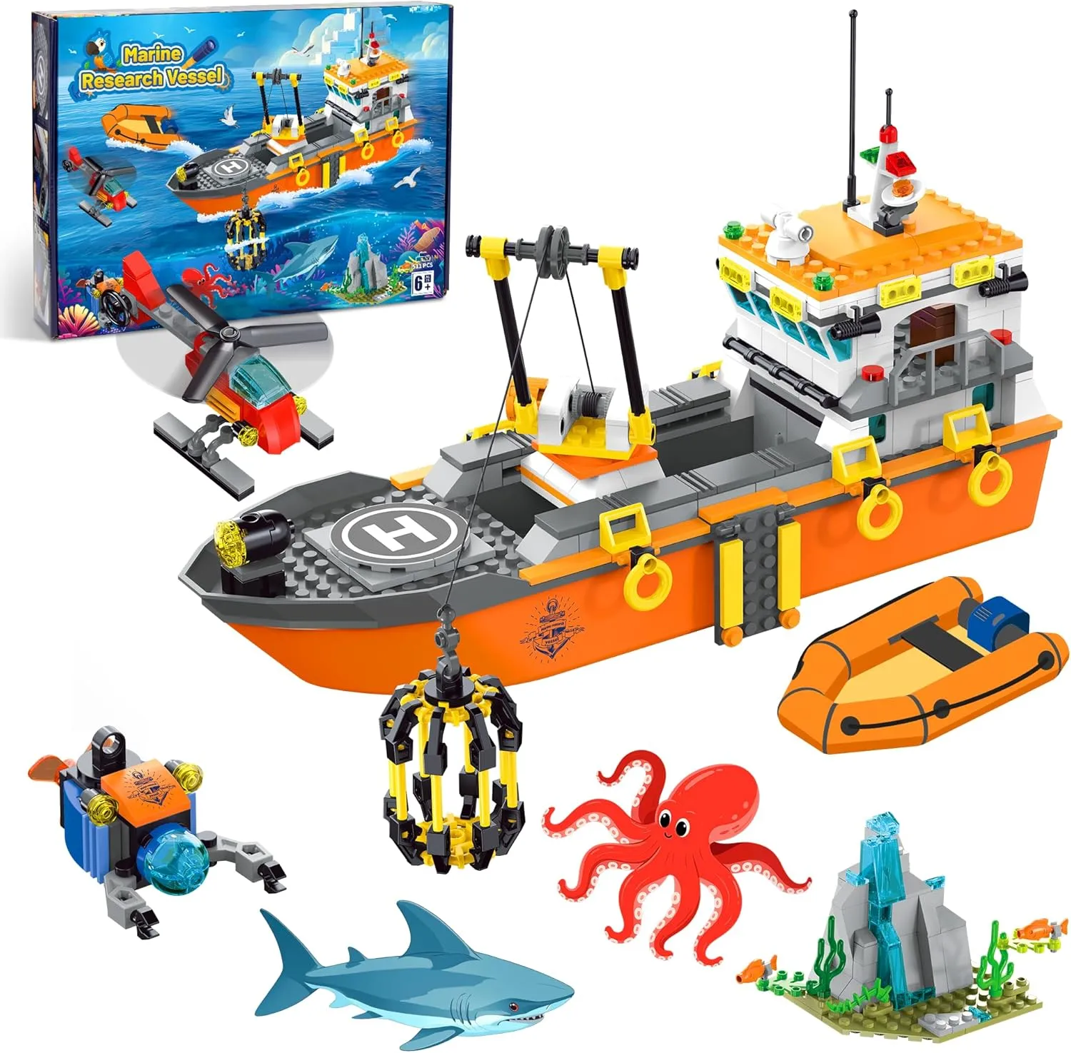 City Ocean Explorer Ship Building Set, Exploration Boat Set Toy Building Block with LED Lights, Helicopter, Submarine and Shark Cage, Birthday Gifts for 6 8 10 12 Years Old Boys Kids Girls