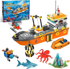 City Ocean Explorer Ship Building Set, Exploration Boat Set Toy Building Block with LED Lights, Helicopter, Submarine and Shark Cage, Birthday Gifts for 6 8 10 12 Years Old Boys Kids Girls