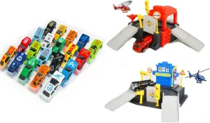 City Rescue Squad and Police Rescue Cars 2-Level Parking Storage Set with 15 Metal Die-Cast Pull Back Toy Cars Set