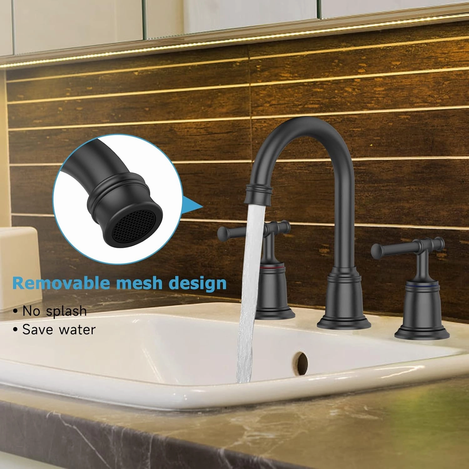 Classical Bathroom Faucets for Sink 3 Holes, 8 inch Bathroom Faucet, Widespread Matte Black Bathroom Faucet with Pop Up Drain and cUPC Lead-Free Hose (Matte Black)