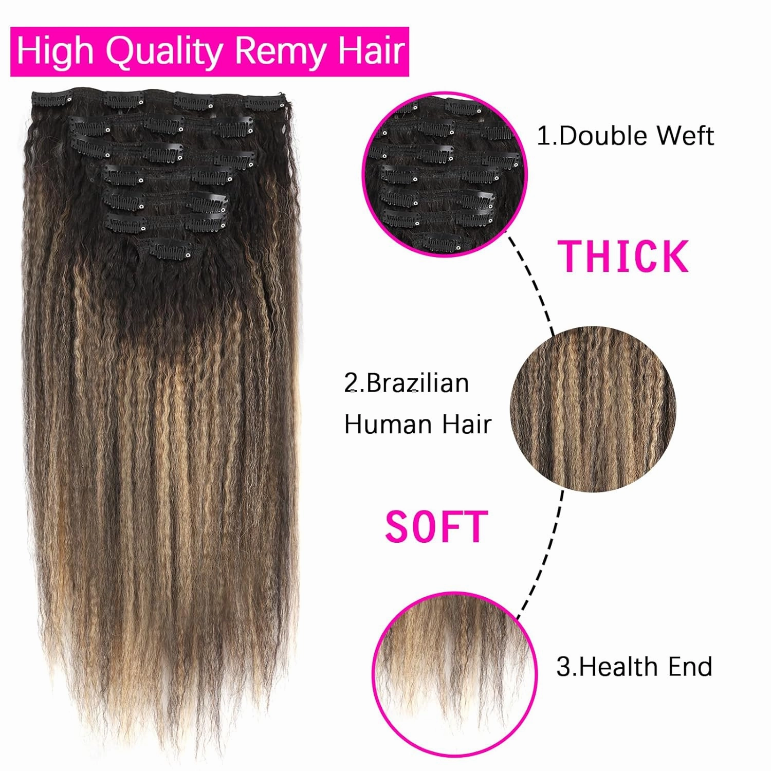 Clip in Human Hair Extensions Two Tone Black Fading to Piano Natural Color With Caramel Blonde Kinky Straight Clip ins Real Human Hair for Black Women 120G Kinky Straight Hair Full Head 14inch