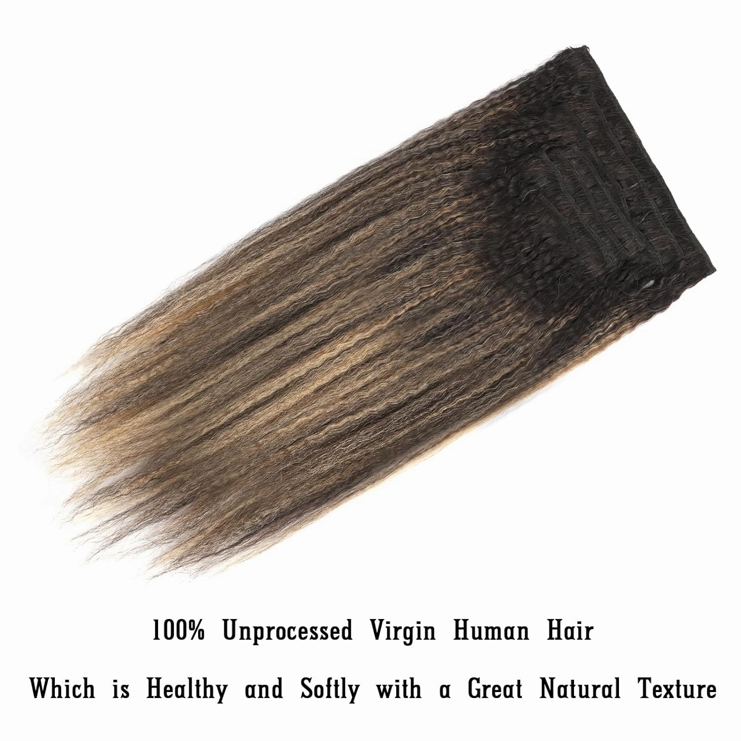 Clip in Human Hair Extensions Two Tone Black Fading to Piano Natural Color With Caramel Blonde Kinky Straight Clip ins Real Human Hair for Black Women 120G Kinky Straight Hair Full Head 14inch