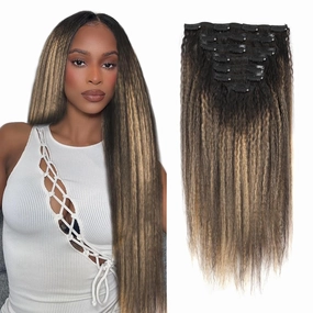 Clip in Human Hair Extensions Two Tone Black Fading to Piano Natural Color With Caramel Blonde Kinky Straight Clip ins Real Human Hair for Black Women 120G Kinky Straight Hair Full Head 14inch