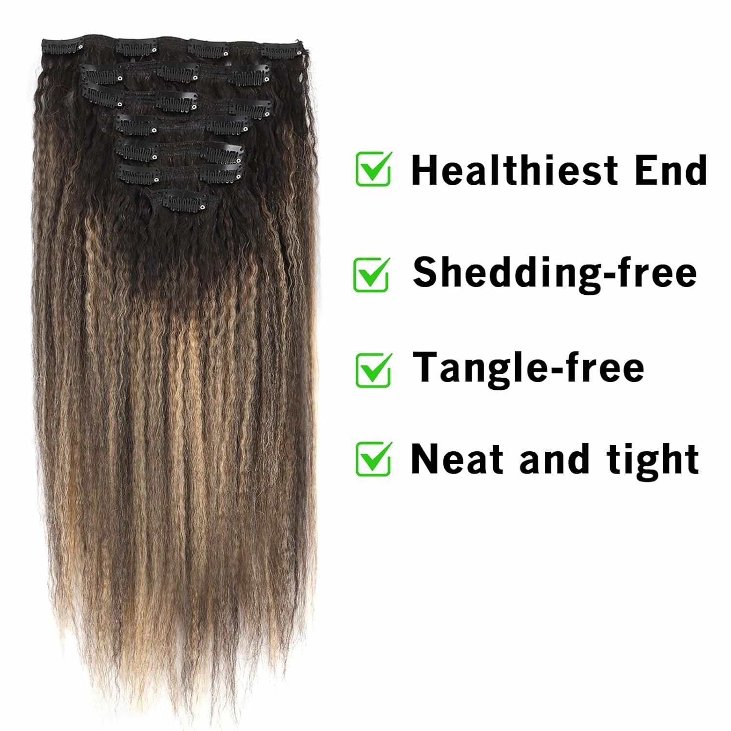 Clip in Human Hair Extensions Two Tone Black Fading to Piano Natural Color With Caramel Blonde Kinky Straight Clip ins Real Human Hair for Black Women 120G Kinky Straight Hair Full Head 14inch