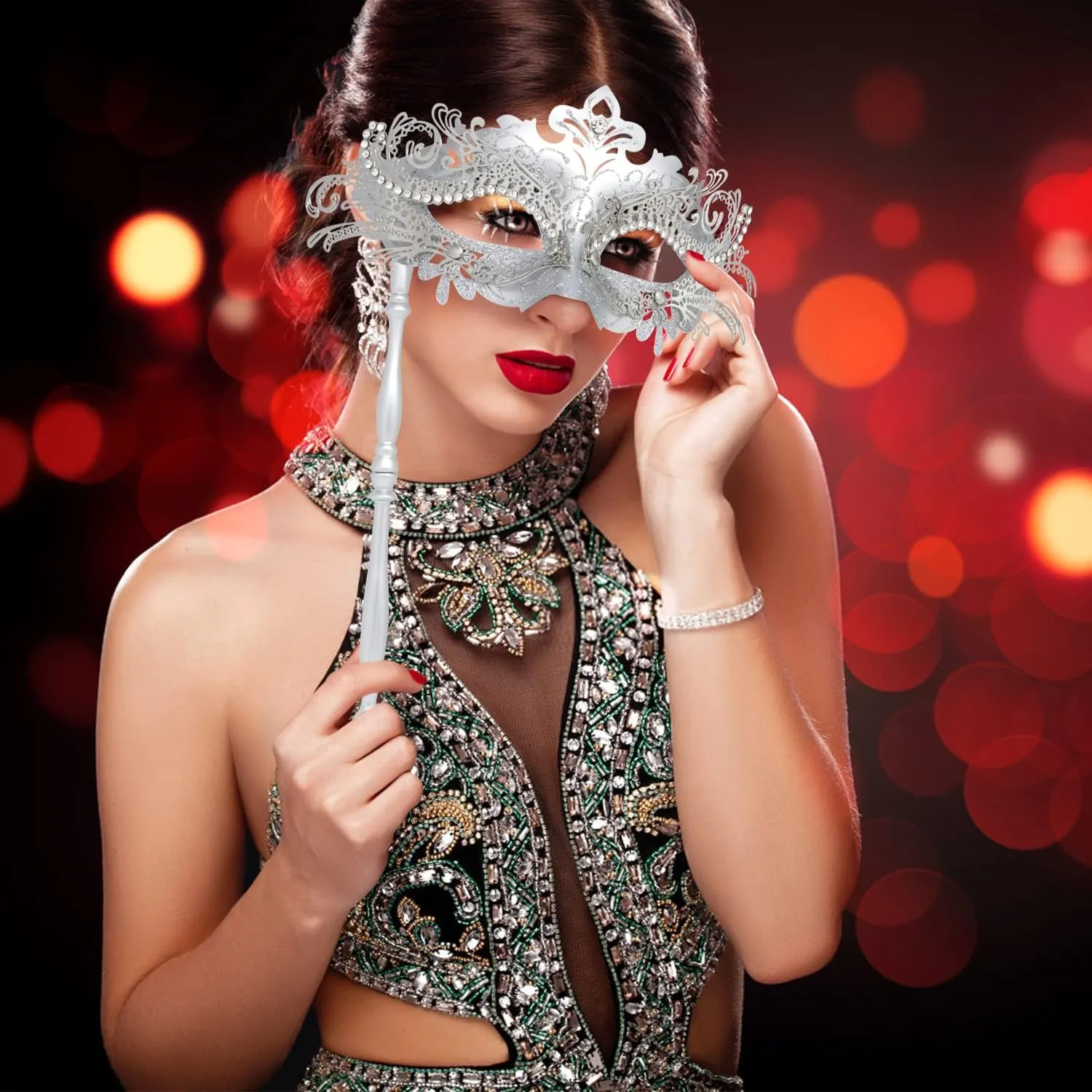 Coddsmz Masquerade Mask with Stick Venetian Mask Mardi Gras Decorations for Womens Halloween Costume Mask