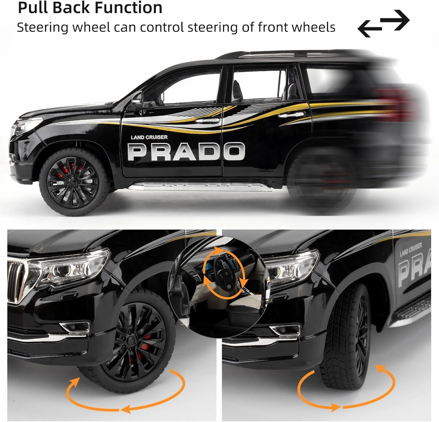 Compatible for 1:18 Scale Collectible Prado Diecast Model Car Toy, Zinc Alloy Pull Back Toy Car Vehicle with Lights and Sounds for Decoration Adult Boys Girls Gift (Black)