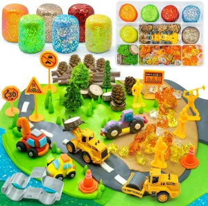 Construction Sensory Dough Kit - 18oz 6 PCS Glitter Dough with About 80pcs Accessories, Color Dough Set, Construction Play Color Clay Set, Sensory Kit for Kids with Toy Trucks, Cutter