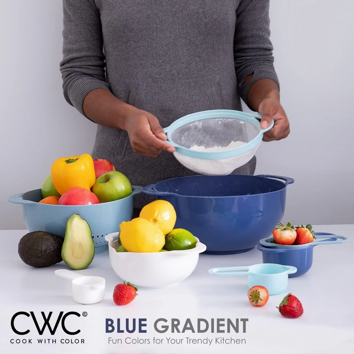 COOK WITH COLOR 8Pc Nesting Bowl Set, Teal - Includes 2 Mixing Bowls, Colander, Sifter, 4 Measuring Cups, Polypropylene, Dishwasher Safe, BPA Free
