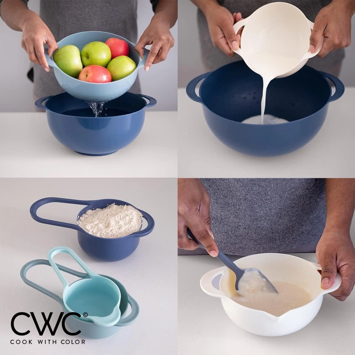 COOK WITH COLOR 8Pc Nesting Bowl Set, Teal - Includes 2 Mixing Bowls, Colander, Sifter, 4 Measuring Cups, Polypropylene, Dishwasher Safe, BPA Free