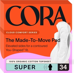 Cora Made-to-Move Regular Pads with Wings, Organic Cotton Topsheet Ultra Thin Feminine Care Pads for Women, Soft, Comfortable & Breathable Menstrual Pad, Super Absorbency, Unscented, 34 Count