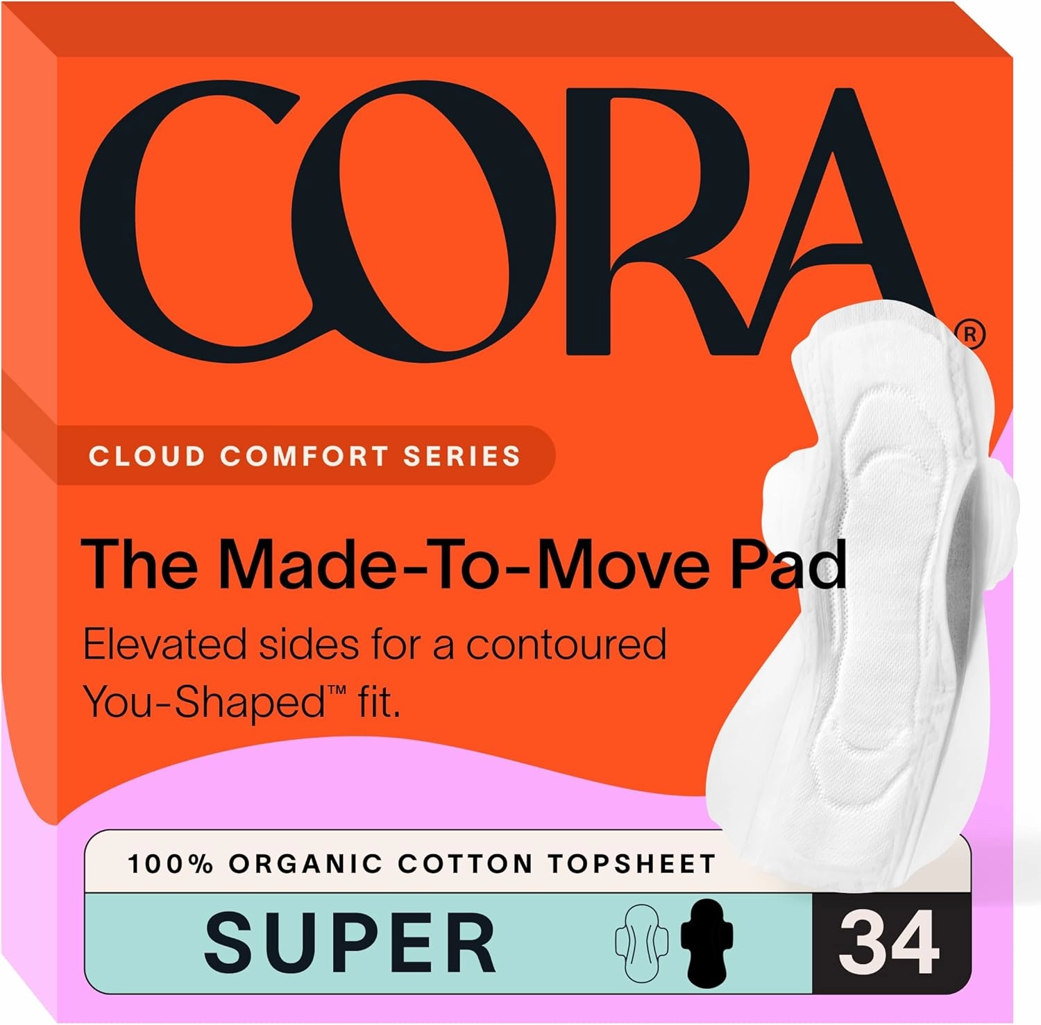 Cora Made-to-Move Regular Pads with Wings, Organic Cotton Topsheet Ultra Thin Feminine Care Pads for Women, Soft, Comfortable & Breathable Menstrual Pad, Super Absorbency, Unscented, 34 Count