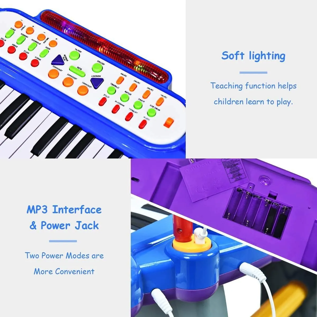 Costzon 37-Key Kids Piano Keyboard Toy, Toddler Electronic Musical Instrument Educational Toy w/Microphone, Multiple Sounds, Record Playback, Lights & Stool, Birthday Gift for Girls Boys Age 3 , Blue