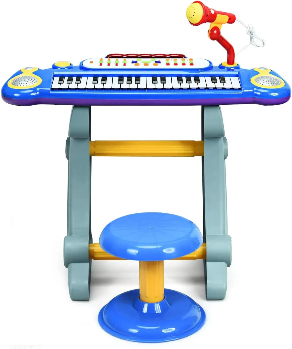 Costzon 37-Key Kids Piano Keyboard Toy, Toddler Electronic Musical Instrument Educational Toy w/Microphone, Multiple Sounds, Record Playback, Lights & Stool, Birthday Gift for Girls Boys Age 3 , Blue