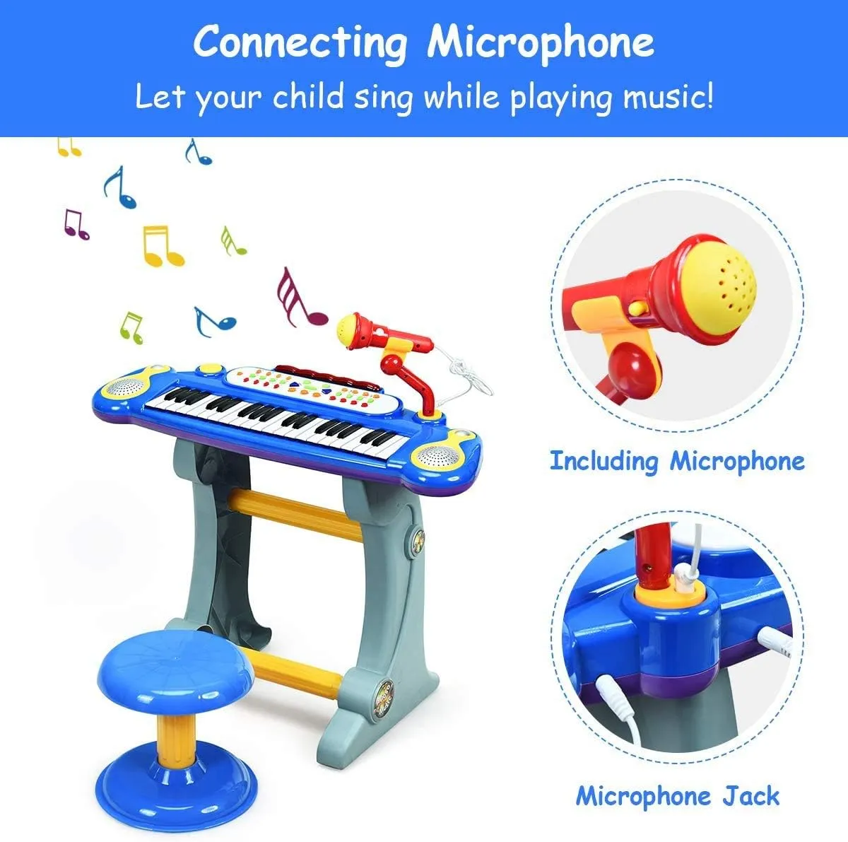 Costzon 37-Key Kids Piano Keyboard Toy, Toddler Electronic Musical Instrument Educational Toy w/Microphone, Multiple Sounds, Record Playback, Lights & Stool, Birthday Gift for Girls Boys Age 3 , Blue