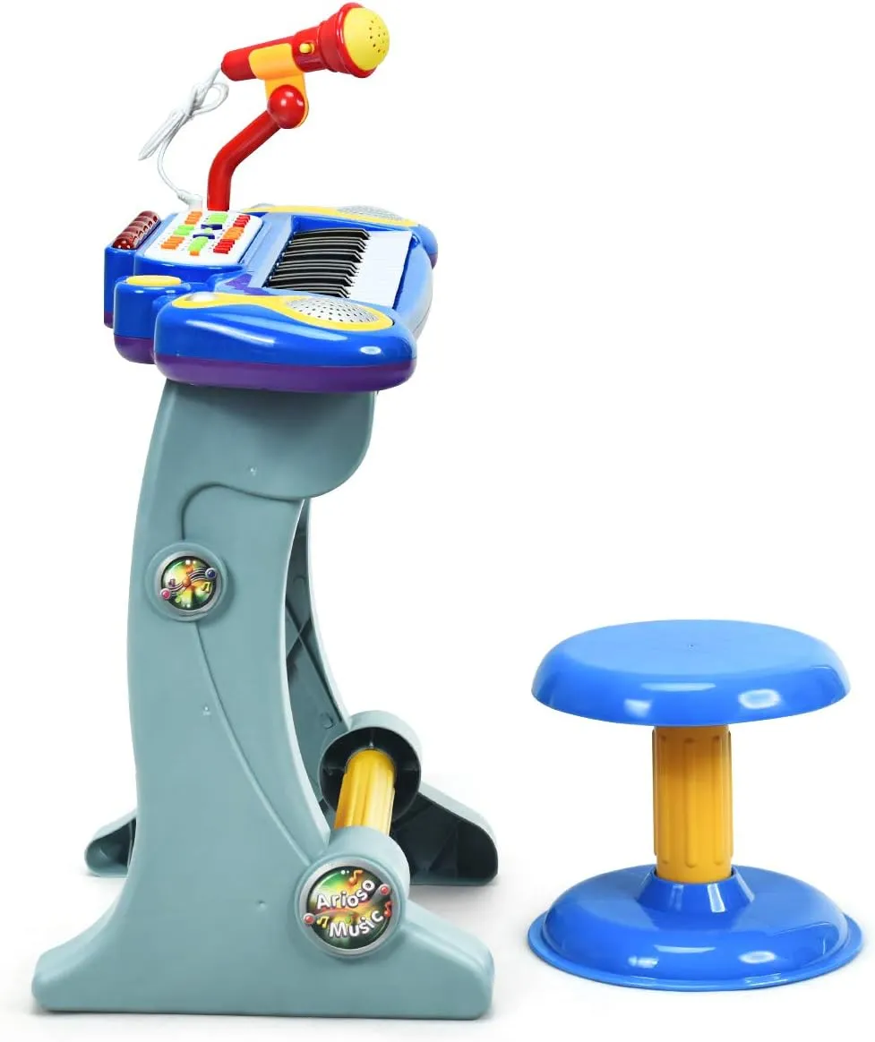 Costzon 37-Key Kids Piano Keyboard Toy, Toddler Electronic Musical Instrument Educational Toy w/Microphone, Multiple Sounds, Record Playback, Lights & Stool, Birthday Gift for Girls Boys Age 3 , Blue