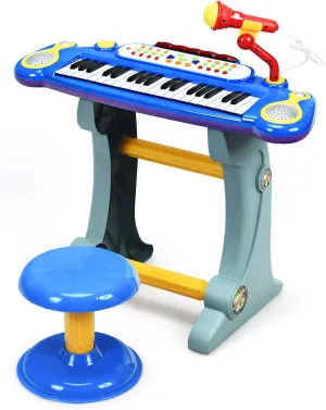 Costzon 37-Key Kids Piano Keyboard Toy, Toddler Electronic Musical Instrument Educational Toy w/Microphone, Multiple Sounds, Record Playback, Lights & Stool, Birthday Gift for Girls Boys Age 3 , Blue