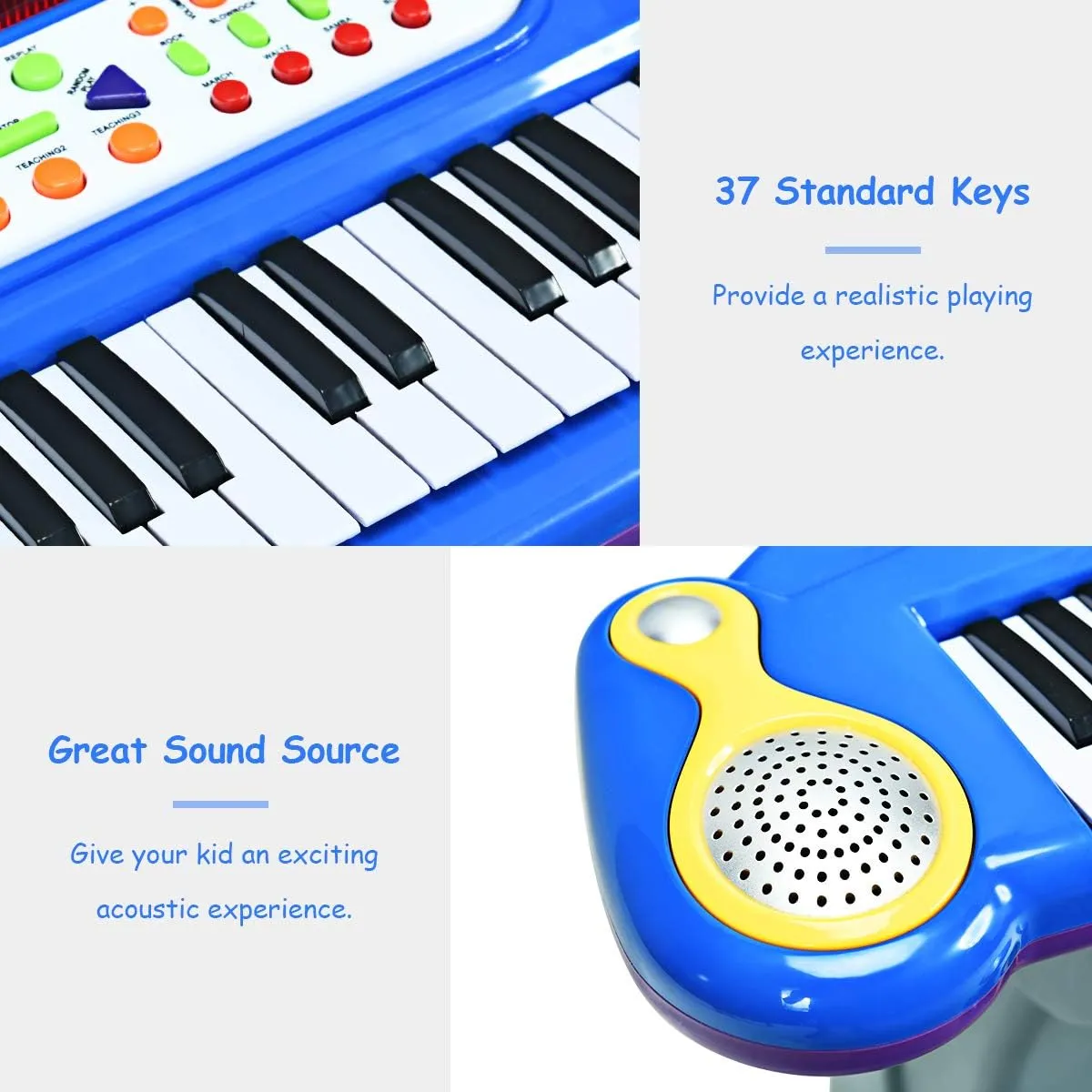 Costzon 37-Key Kids Piano Keyboard Toy, Toddler Electronic Musical Instrument Educational Toy w/Microphone, Multiple Sounds, Record Playback, Lights & Stool, Birthday Gift for Girls Boys Age 3 , Blue
