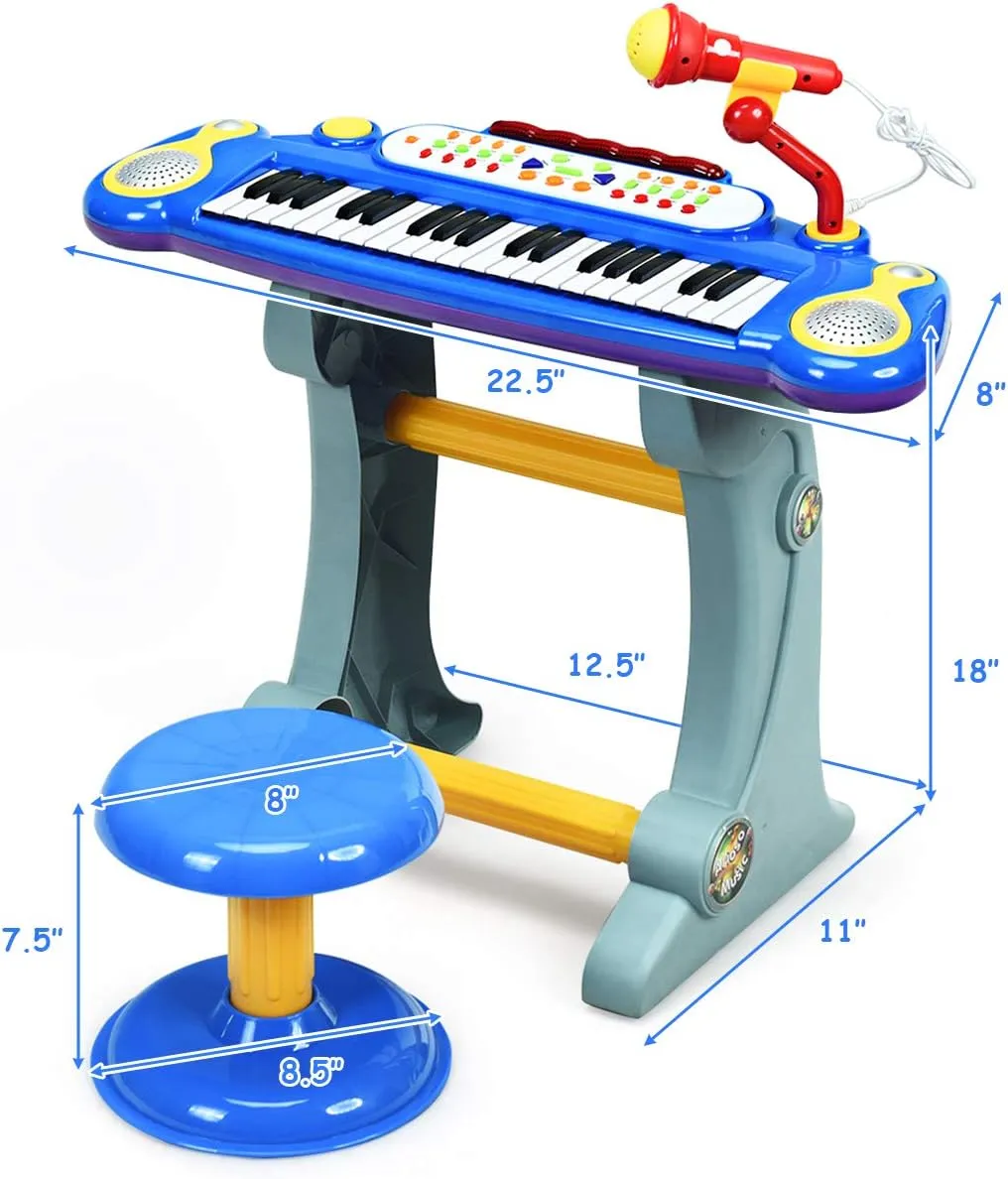 Costzon 37-Key Kids Piano Keyboard Toy, Toddler Electronic Musical Instrument Educational Toy w/Microphone, Multiple Sounds, Record Playback, Lights & Stool, Birthday Gift for Girls Boys Age 3 , Blue