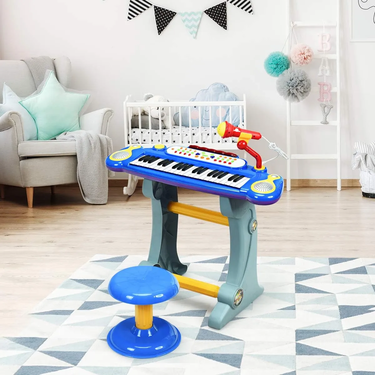 Costzon 37-Key Kids Piano Keyboard Toy, Toddler Electronic Musical Instrument Educational Toy w/Microphone, Multiple Sounds, Record Playback, Lights & Stool, Birthday Gift for Girls Boys Age 3 , Blue