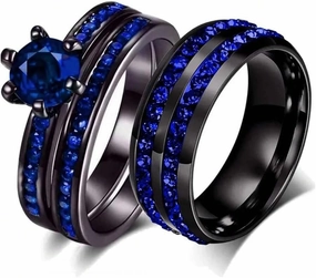 Couple Rings Bridal Sets His and Hers 925 Sterling Silver 10K 14K 18K Solid Gold Black Gold Plated Round Blue Sapphire CZ Engagement Band Womens and Mens Ring