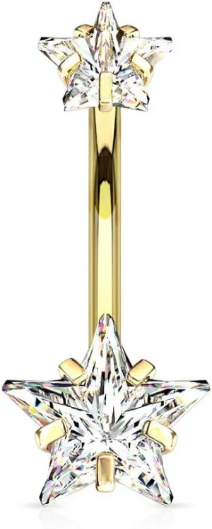 Covet Jewelry Double Star CZ Belly Button Navel Ring - Hypoallergenic Surgical Steel with Prong Gems and Internal Threading