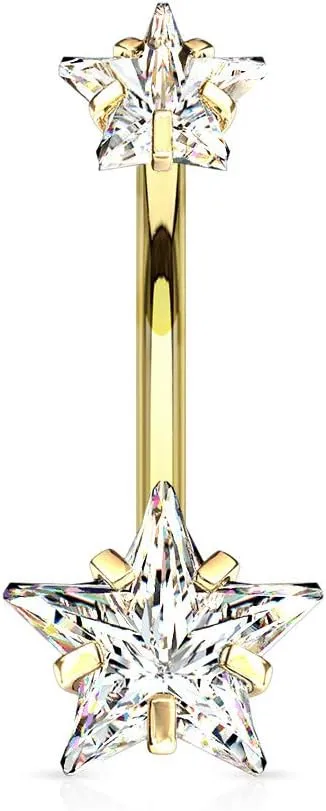 Covet Jewelry Double Star CZ Belly Button Navel Ring - Hypoallergenic Surgical Steel with Prong Gems and Internal Threading