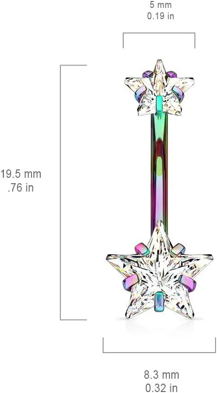 Covet Jewelry Double Star CZ Belly Button Navel Ring - Hypoallergenic Surgical Steel with Prong Gems and Internal Threading