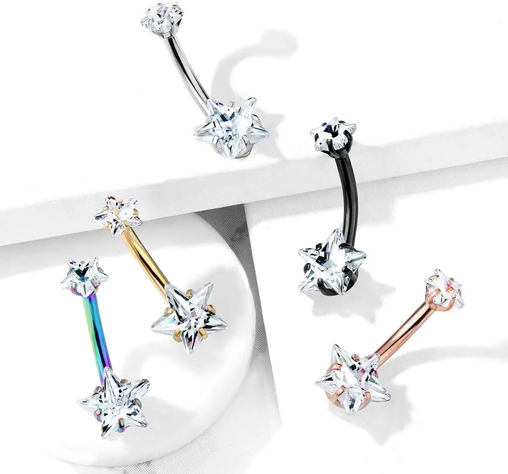 Covet Jewelry Double Star CZ Belly Button Navel Ring - Hypoallergenic Surgical Steel with Prong Gems and Internal Threading