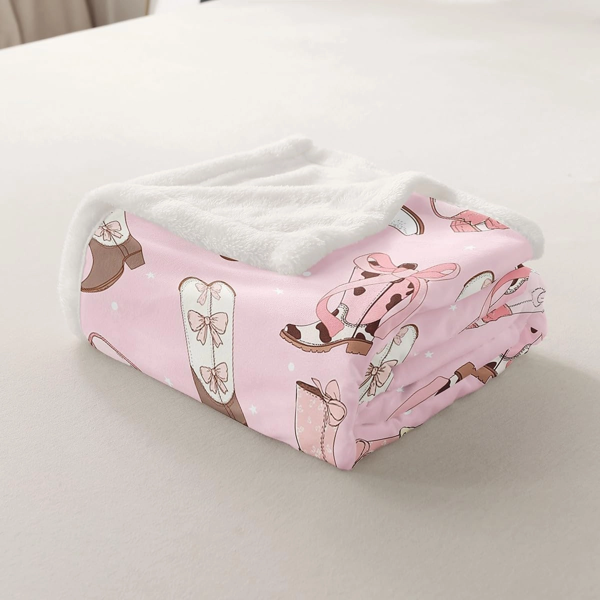 Cowgirls Sherpa Blanket For Girls Cowboy Hat Boots Fleece Blanket 40"X50" Pink Kawaii Bow Tie Throw Blanket Rustic Horseshoe Cactus Plush Bed Blanket For Kids Teens Woman Decorative Sofa Couch