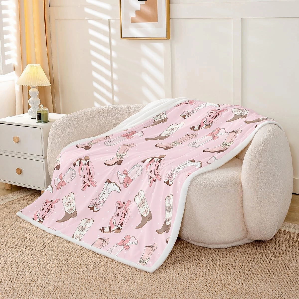 Cowgirls Sherpa Blanket For Girls Cowboy Hat Boots Fleece Blanket 40"X50" Pink Kawaii Bow Tie Throw Blanket Rustic Horseshoe Cactus Plush Bed Blanket For Kids Teens Woman Decorative Sofa Couch