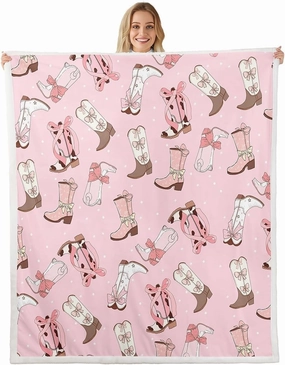 Cowgirls Sherpa Blanket For Girls Cowboy Hat Boots Fleece Blanket 40"X50" Pink Kawaii Bow Tie Throw Blanket Rustic Horseshoe Cactus Plush Bed Blanket For Kids Teens Woman Decorative Sofa Couch