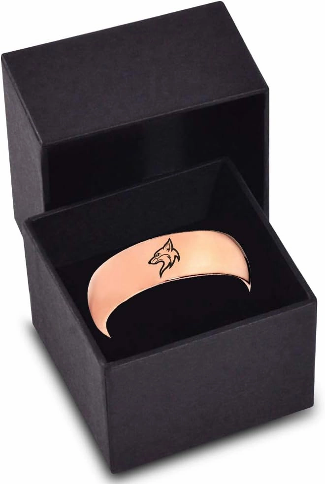 Coyote Canis Canidae Watching Ring - Tungsten Band 8mm - Men - Women - 18k Rose Gold Step Bevel Edge - Yellow - Grey - Blue - Black - Brushed - Polished - Wedding - Gift Dome Flat