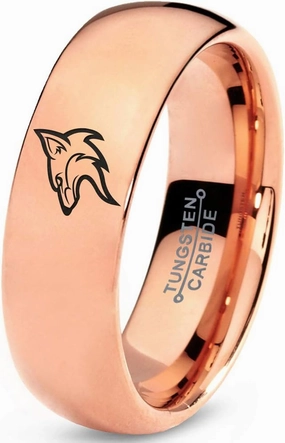 Coyote Canis Canidae Watching Ring - Tungsten Band 8mm - Men - Women - 18k Rose Gold Step Bevel Edge - Yellow - Grey - Blue - Black - Brushed - Polished - Wedding - Gift Dome Flat