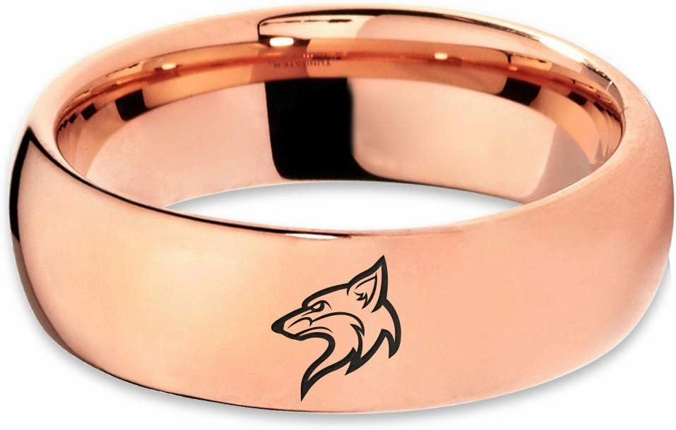 Coyote Canis Canidae Watching Ring - Tungsten Band 8mm - Men - Women - 18k Rose Gold Step Bevel Edge - Yellow - Grey - Blue - Black - Brushed - Polished - Wedding - Gift Dome Flat
