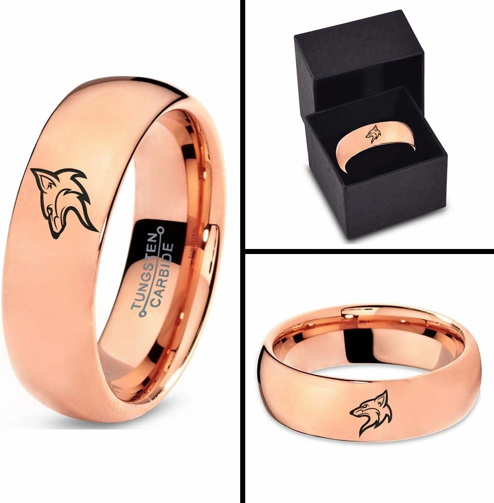 Coyote Canis Canidae Watching Ring - Tungsten Band 8mm - Men - Women - 18k Rose Gold Step Bevel Edge - Yellow - Grey - Blue - Black - Brushed - Polished - Wedding - Gift Dome Flat
