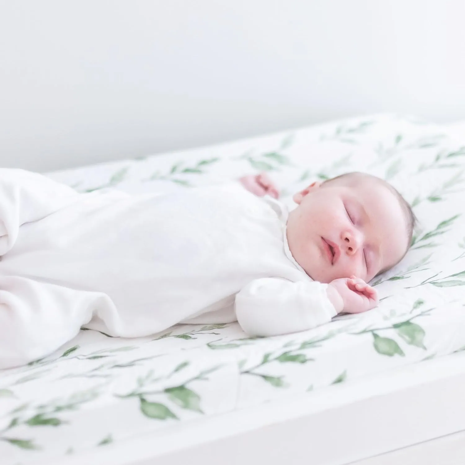 Crane Baby Green Leaf, Quilted Changing Pad Cover, 100% Cotton Sateen, 16in X 32in, Fitted with Elastic, Soft, Machine Washable, Neutral Nursery Essential