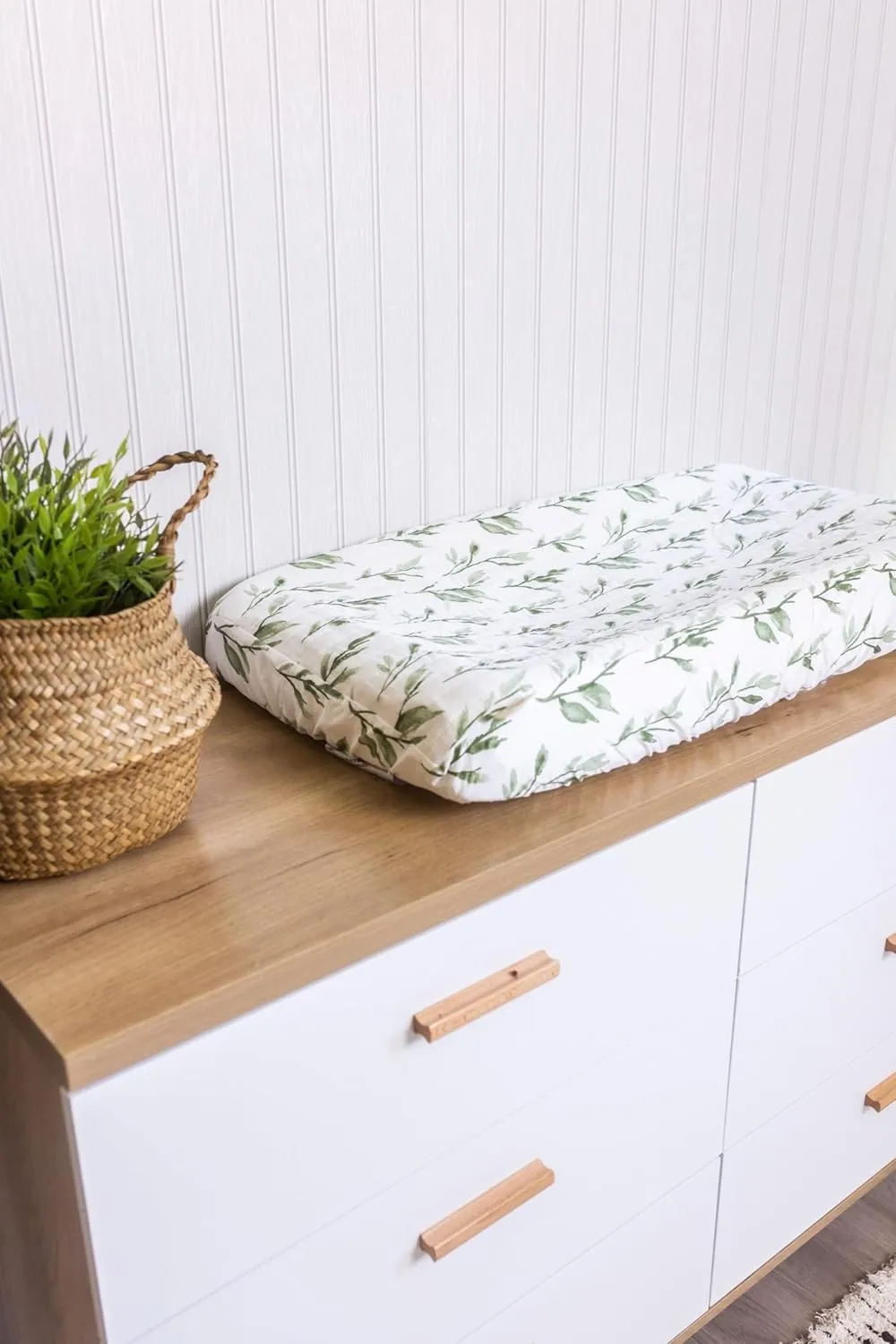Crane Baby Green Leaf, Quilted Changing Pad Cover, 100% Cotton Sateen, 16in X 32in, Fitted with Elastic, Soft, Machine Washable, Neutral Nursery Essential