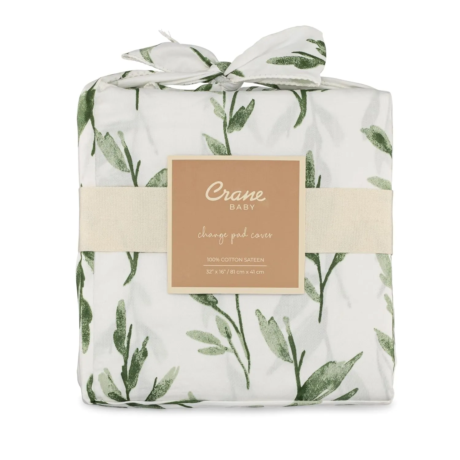 Crane Baby Green Leaf, Quilted Changing Pad Cover, 100% Cotton Sateen, 16in X 32in, Fitted with Elastic, Soft, Machine Washable, Neutral Nursery Essential