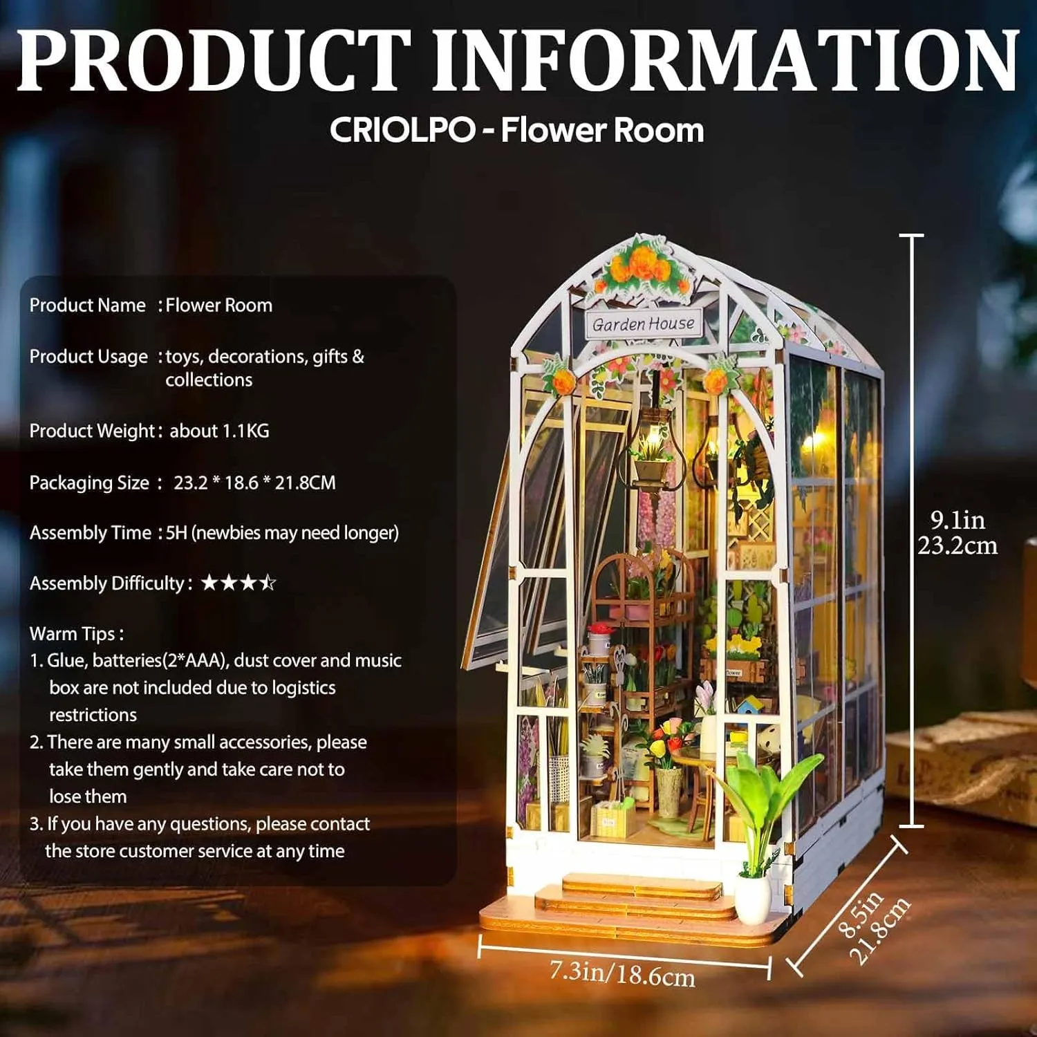 CRIOLPO DIY Book Nook Kit, Garden House Miniature Bookshelf Insert with LED Sensor Light, 3D Wooden Dollhouse for Adults and Teens, Perfect for Home Decor and Gifts