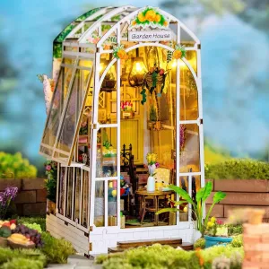 CRIOLPO DIY Book Nook Kit, Garden House Miniature Bookshelf Insert with LED Sensor Light, 3D Wooden Dollhouse for Adults and Teens, Perfect for Home Decor and Gifts