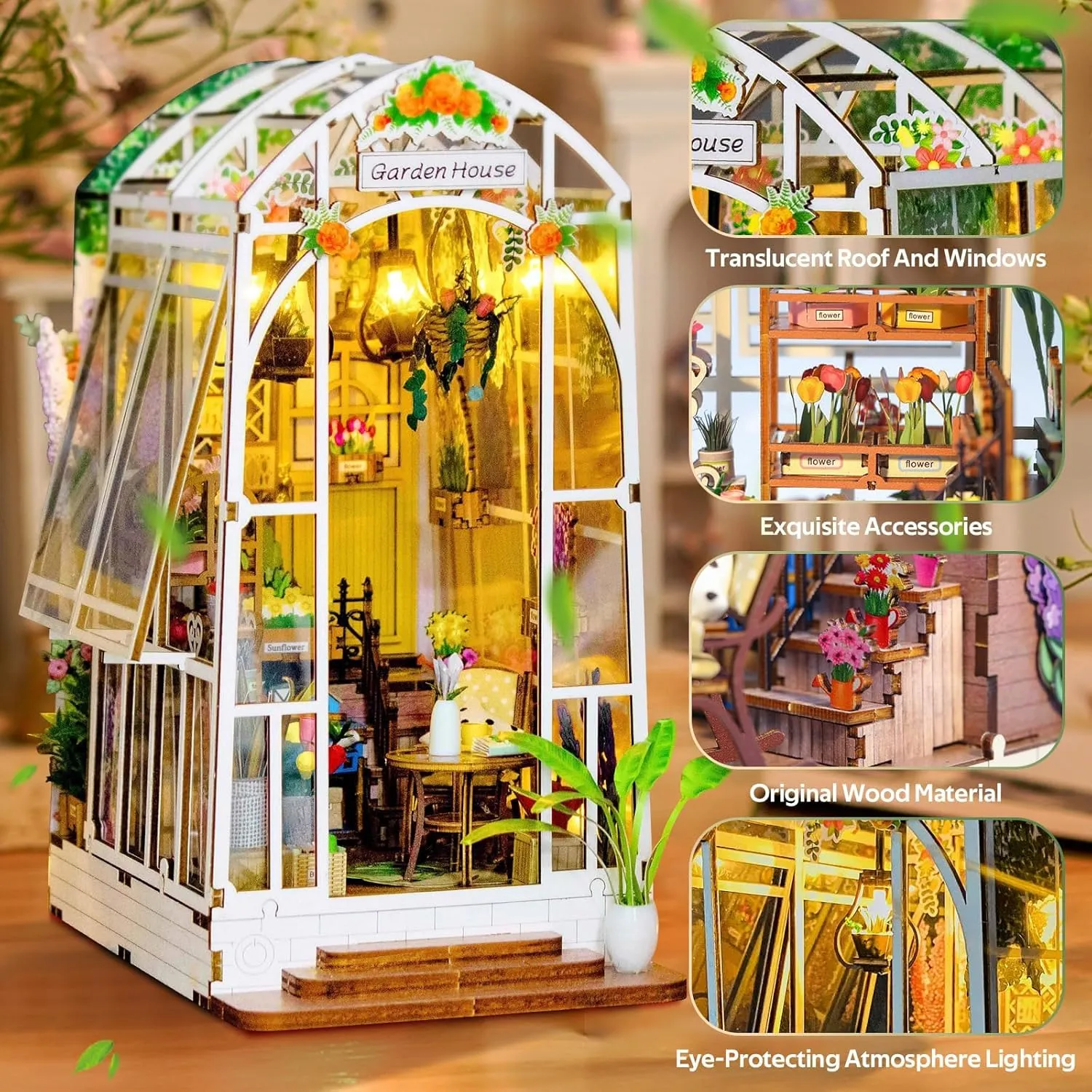 CRIOLPO DIY Book Nook Kit, Garden House Miniature Bookshelf Insert with LED Sensor Light, 3D Wooden Dollhouse for Adults and Teens, Perfect for Home Decor and Gifts