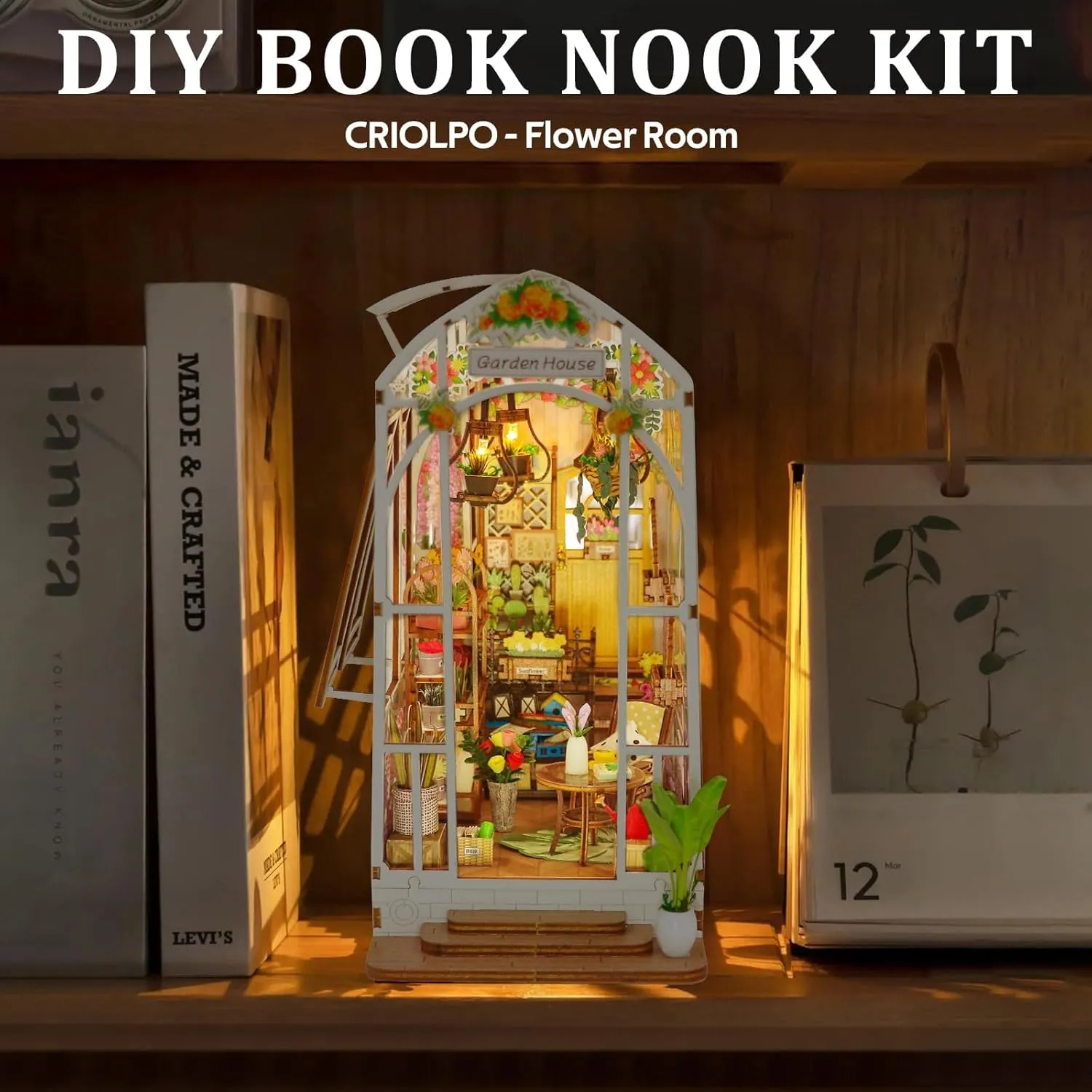 CRIOLPO DIY Book Nook Kit, Garden House Miniature Bookshelf Insert with LED Sensor Light, 3D Wooden Dollhouse for Adults and Teens, Perfect for Home Decor and Gifts