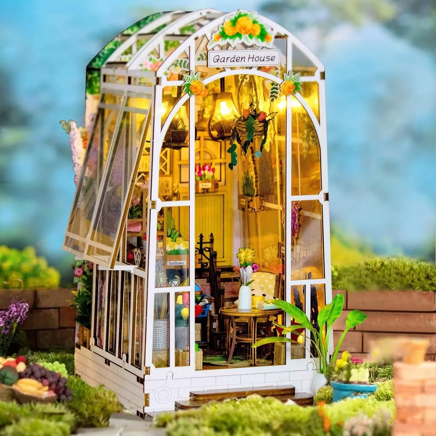 CRIOLPO DIY Book Nook Kit, Garden House Miniature Bookshelf Insert with LED Sensor Light, 3D Wooden Dollhouse for Adults and Teens, Perfect for Home Decor and Gifts