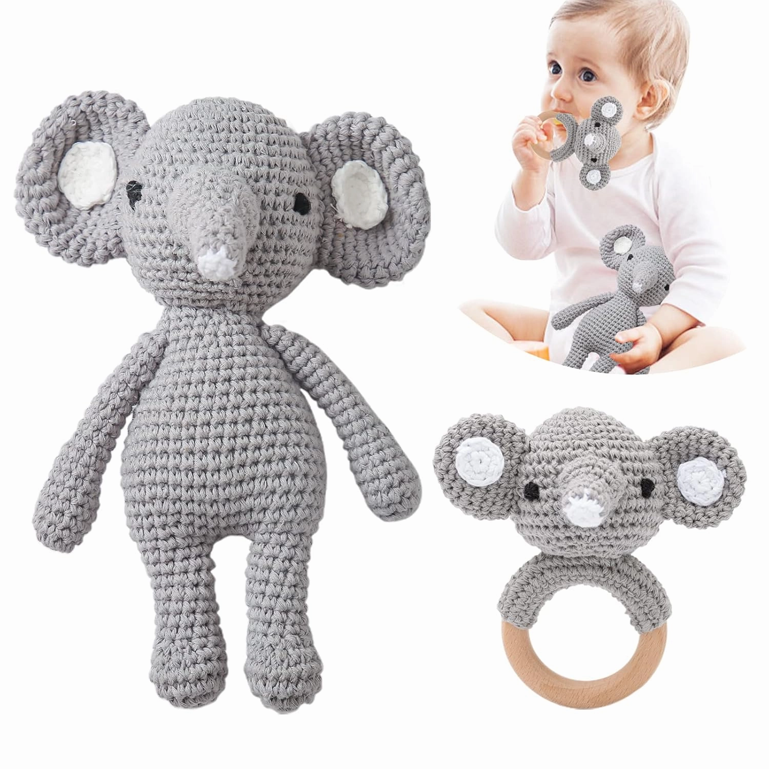 Crochet Baby Toys Stuffed Animals for Babies Elephant Crochet Baby Toy Infant Soothe Toys for Sensory and Early Grips Development Gift for Baby Shower, Birthday