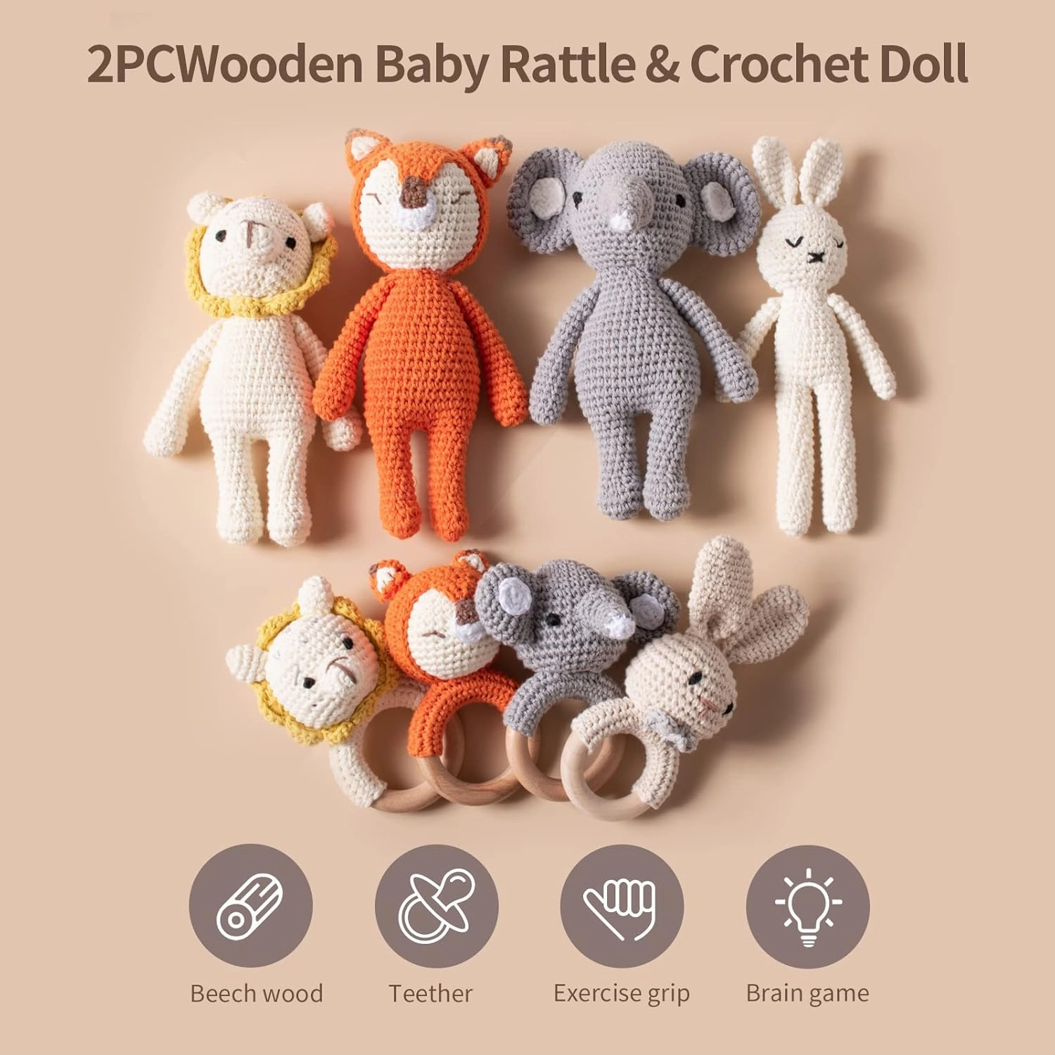 Crochet Baby Toys Stuffed Animals for Babies Elephant Crochet Baby Toy Infant Soothe Toys for Sensory and Early Grips Development Gift for Baby Shower, Birthday