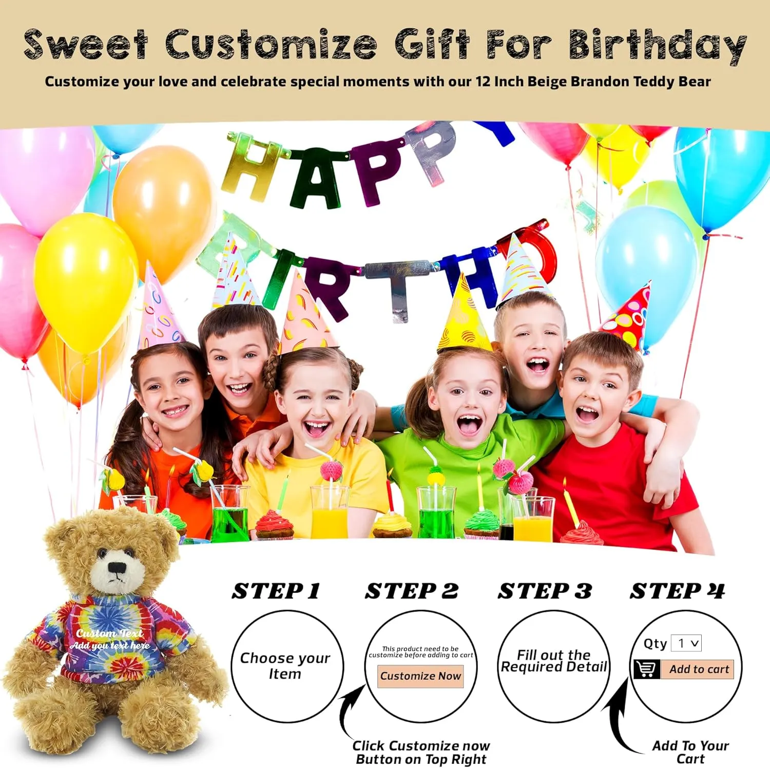 Customized Beige Brandon Bear - 12 inch Personalized Stuffed Bear Plush Toy - Perfect Custom Shirt Bear Gift for Graduation Valentines Graduation Easter Holidays (Tiedye Shirt)