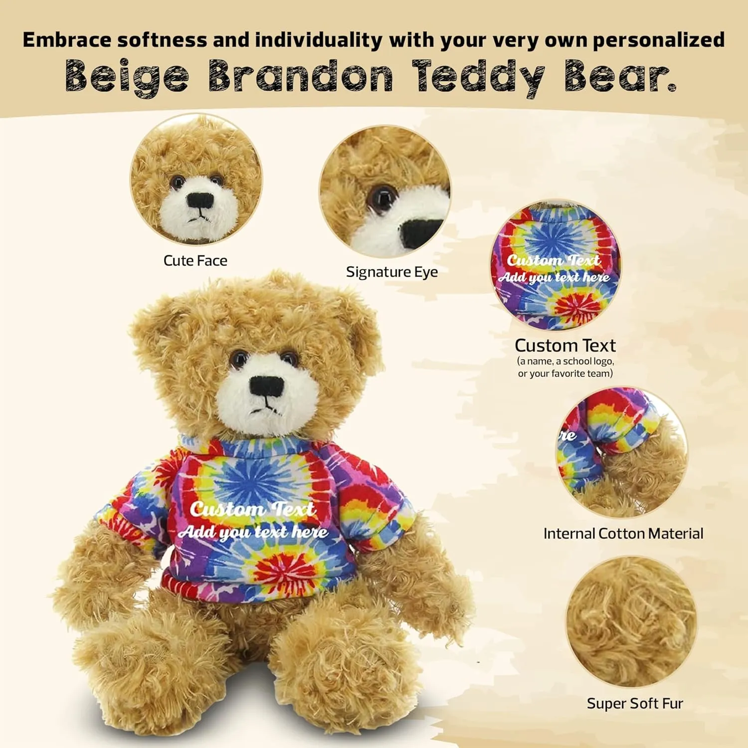 Customized Beige Brandon Bear - 12 inch Personalized Stuffed Bear Plush Toy - Perfect Custom Shirt Bear Gift for Graduation Valentines Graduation Easter Holidays (Tiedye Shirt)