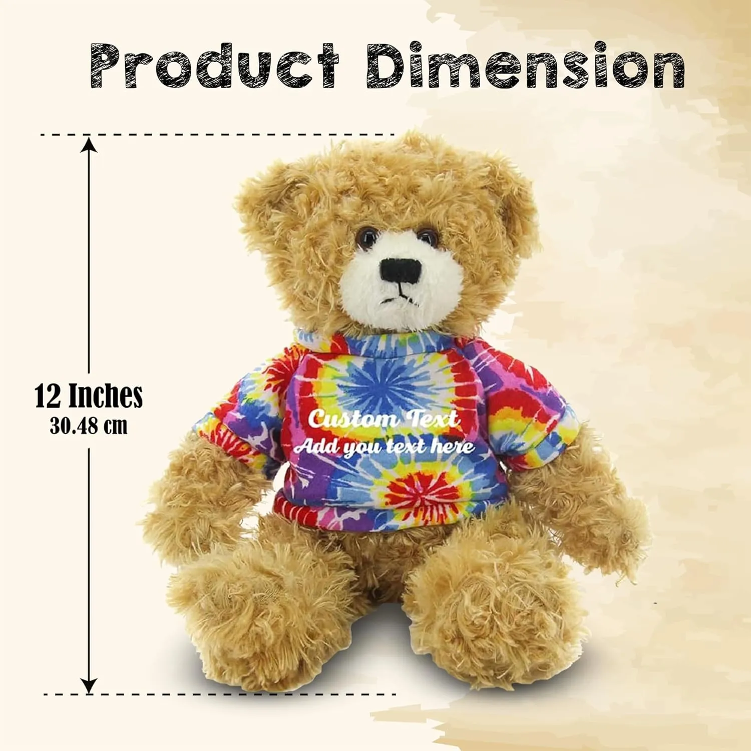 Customized Beige Brandon Bear - 12 inch Personalized Stuffed Bear Plush Toy - Perfect Custom Shirt Bear Gift for Graduation Valentines Graduation Easter Holidays (Tiedye Shirt)