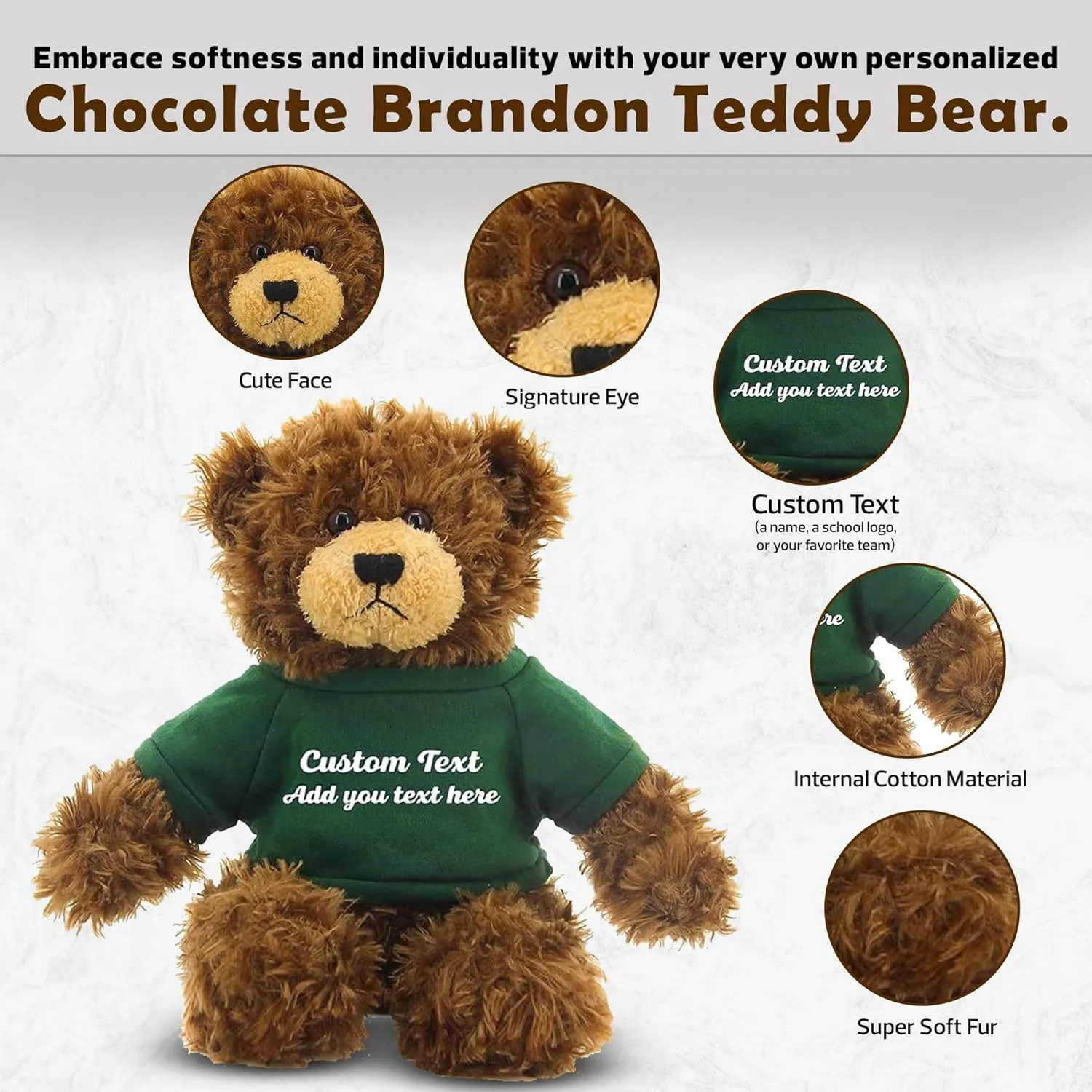 Customized Chocolate Brandon Bear - 12 inch Personalized Stuffed Bear Plush Toy - Perfect Custom Shirt Bear Gift for Graduation Valentines Graduation Easter Holidays (Green Shirt)