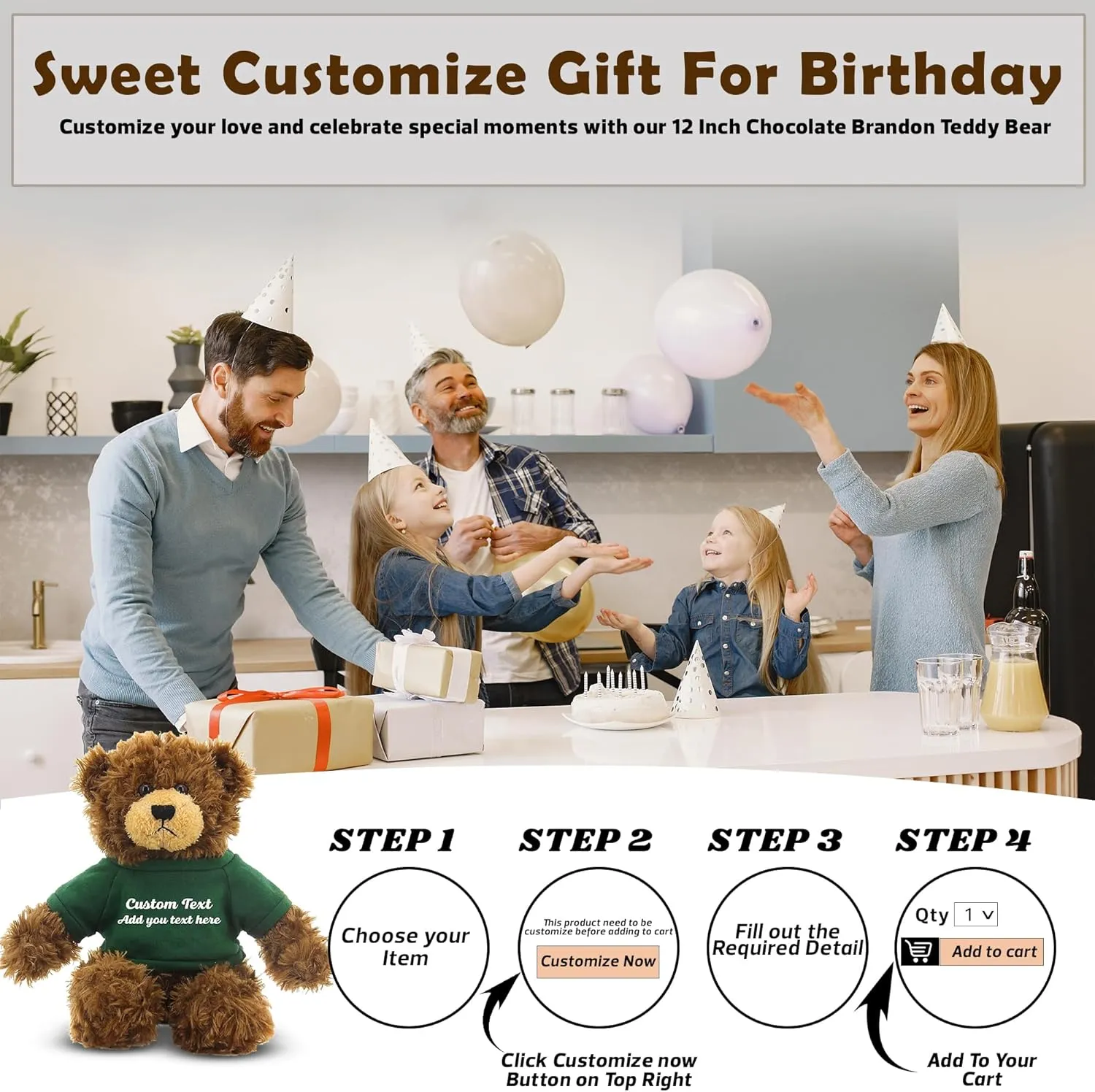 Customized Chocolate Brandon Bear - 12 inch Personalized Stuffed Bear Plush Toy - Perfect Custom Shirt Bear Gift for Graduation Valentines Graduation Easter Holidays (Green Shirt)